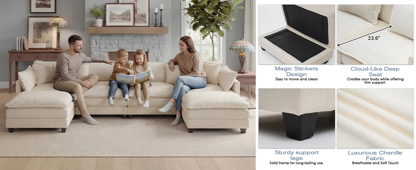 Solid Wood Frame Modular Sectional Sofa with Ottoman