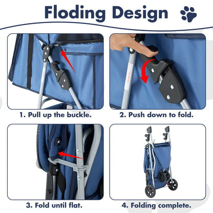Foldable Pet Stroller for Small Dogs and Cats with Mesh Windows, Storage Basket, and Cup Holder