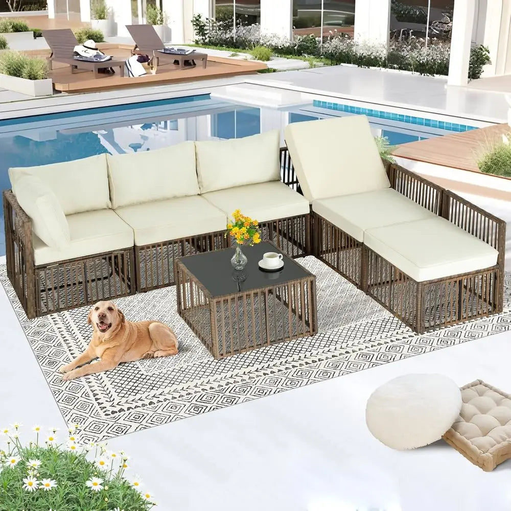 7-Piece Brown/Beige Wicker Sectional Patio Set