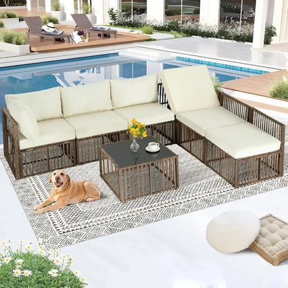 7-Piece Brown/Beige Wicker Sectional Patio Set