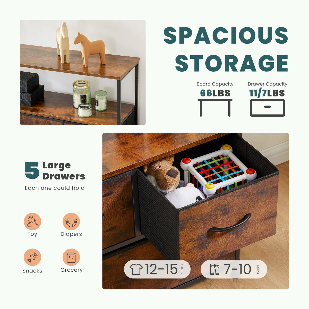 TV Stand with 5 Fabric Drawers for Storage