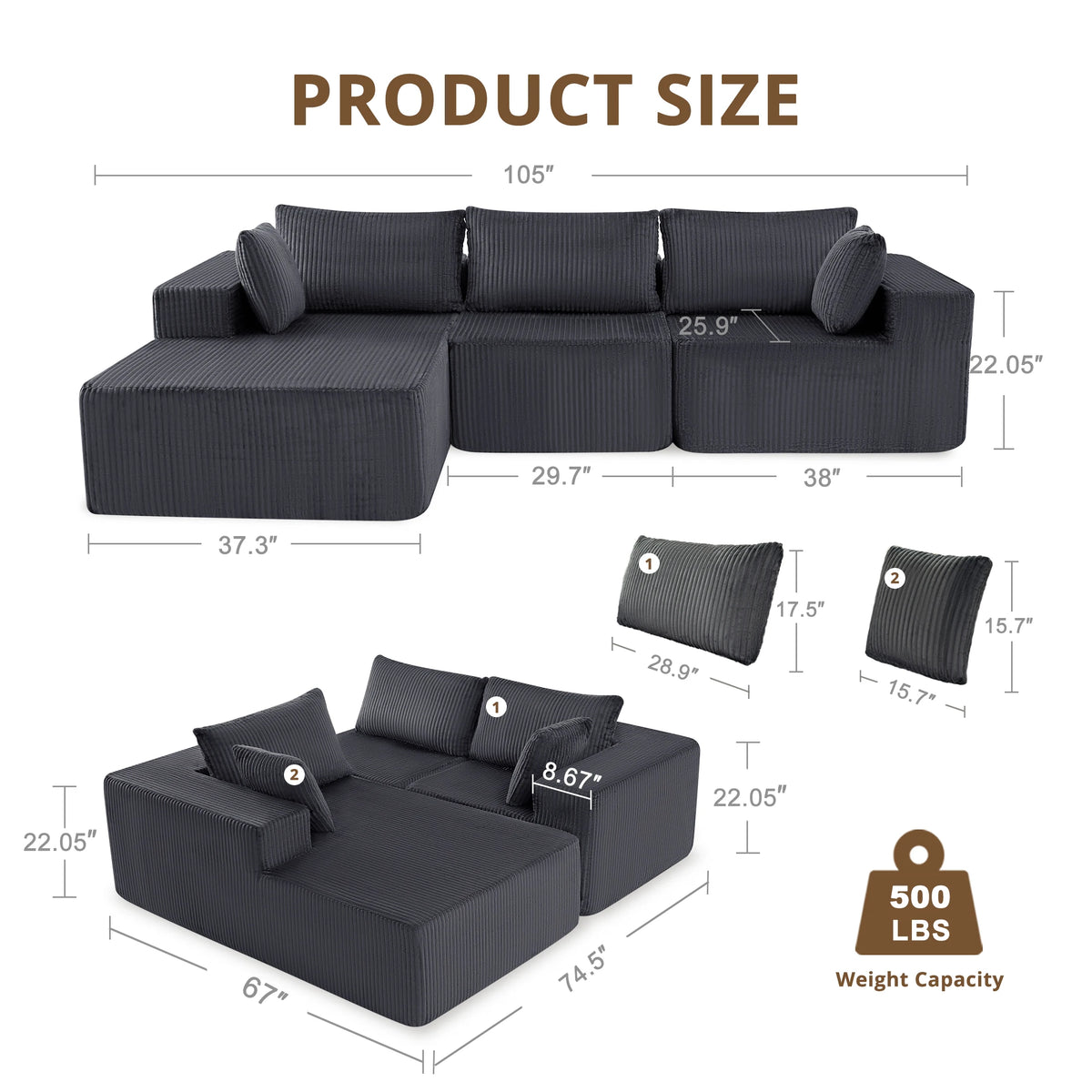 105 Inch L-Shaped Lumbar Support Sofa with Deep Seat