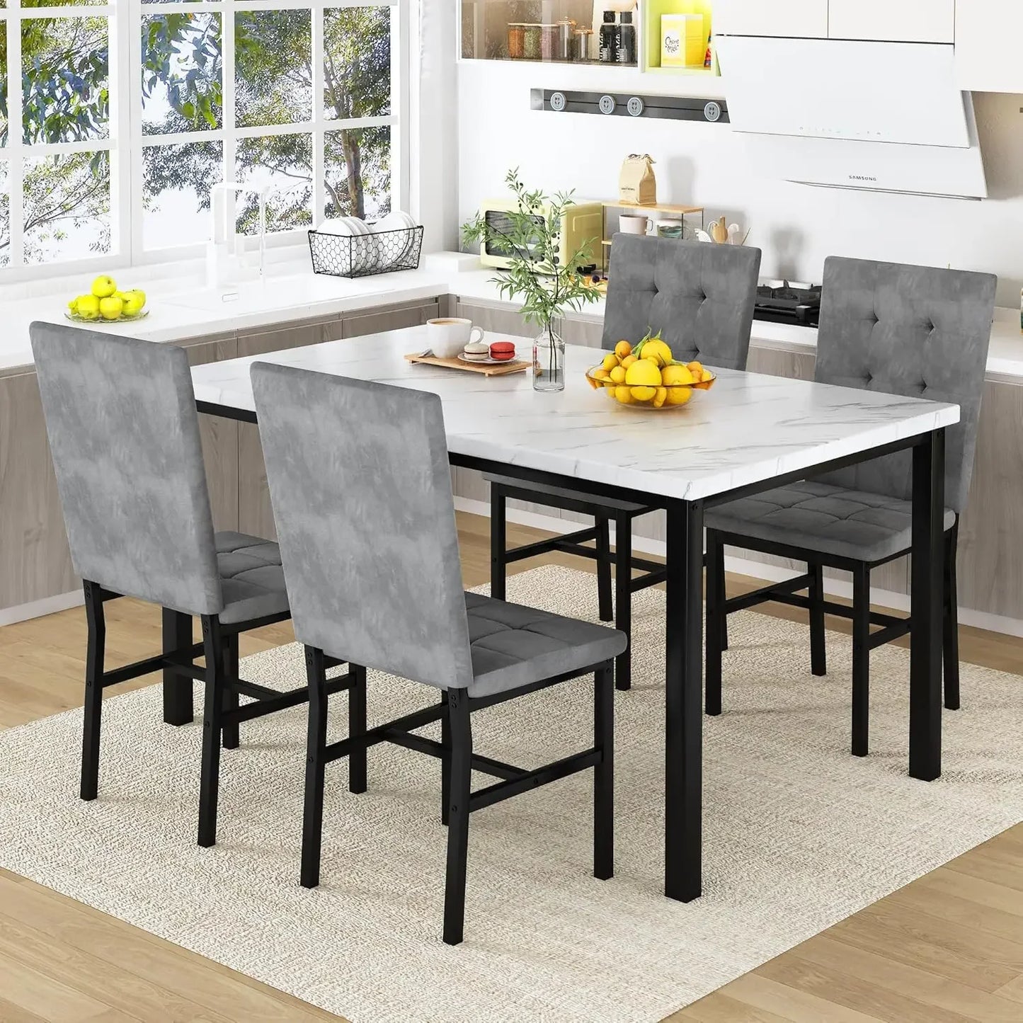 Faux Marble Dining Table Set with 4 Velvet Chairs
