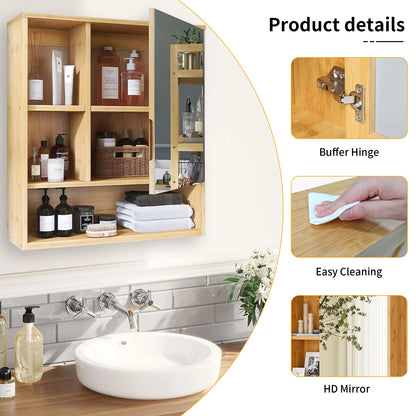 Bamboo Wall Bathroom Cabinet with Mirror and shelves