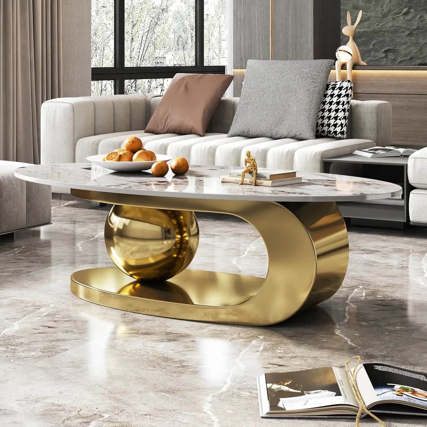 Modern Stainless Steel Pedestal Coffee Table with faux Marble Top
