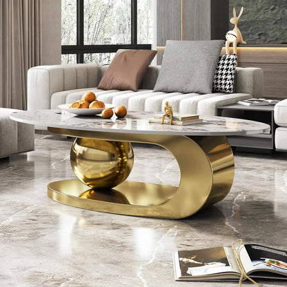 Modern Stainless Steel Pedestal Coffee Table with faux Marble Top