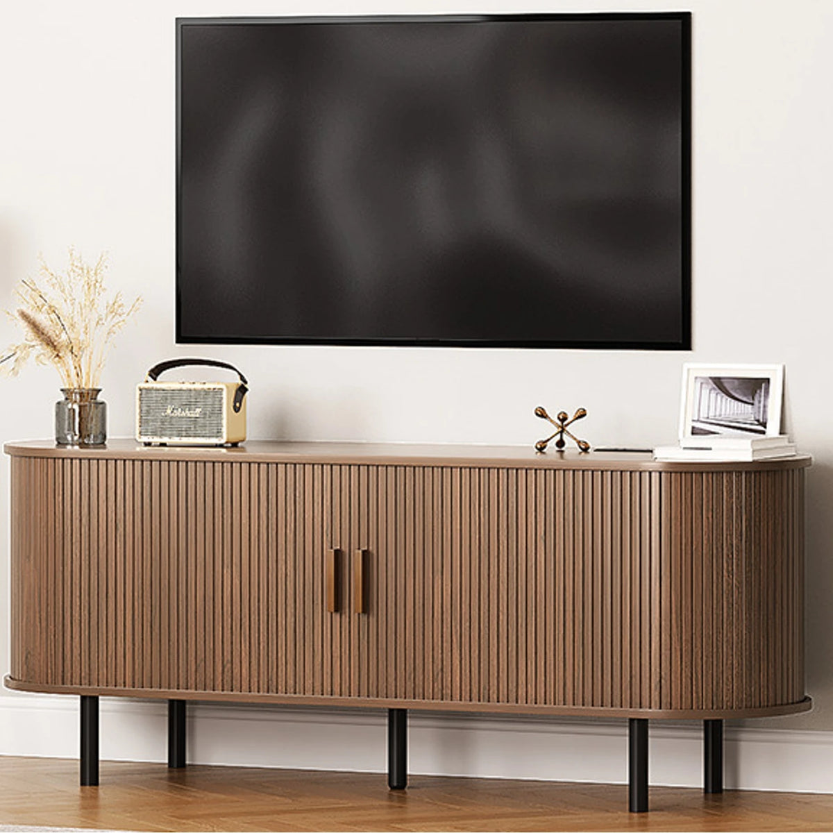 Living Room TV Stand with Power Outlet and Adjustable Shelves