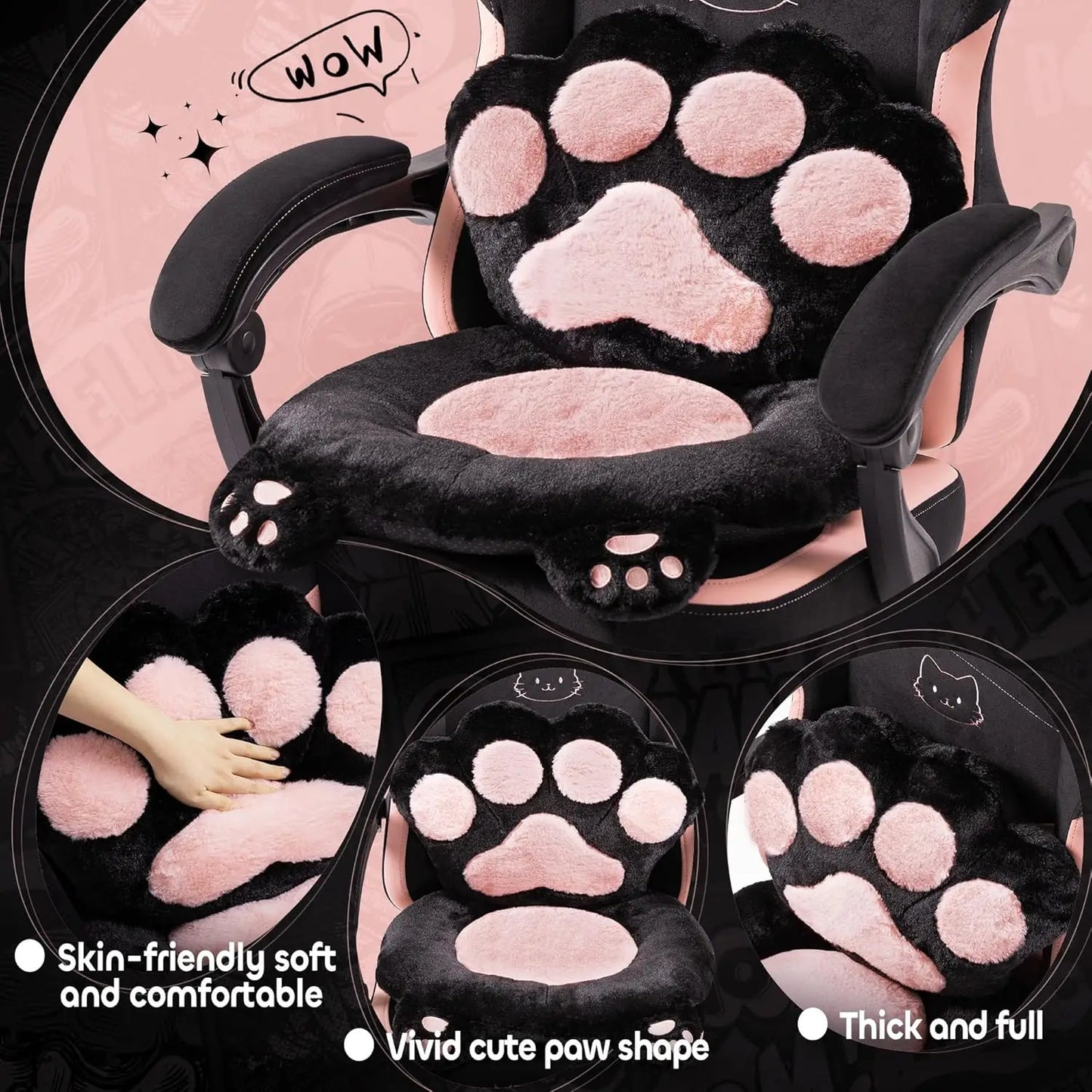 Cute Gaming Chair with Cat Ears & Paw Lumbar Cushion and Foot Rest