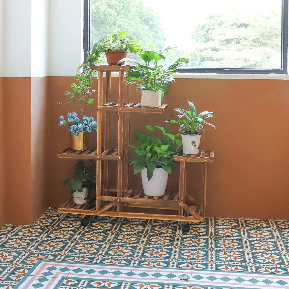 Multi-Layer Rolling Wood Plant Stand Rack