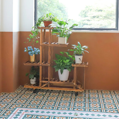Multi-Layer Rolling Wood Plant Stand Rack