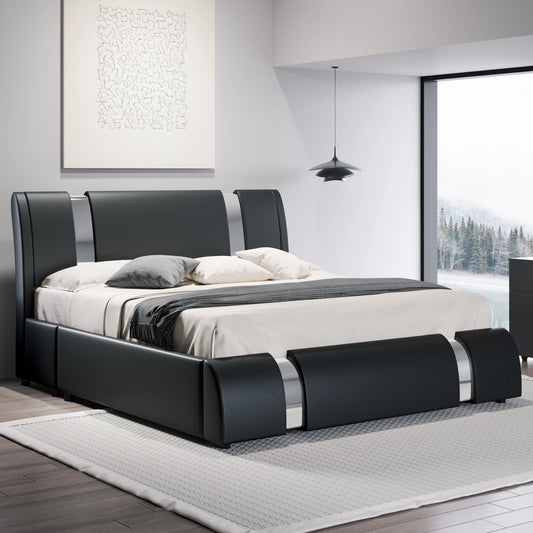 Modern Faux Leather Bed Frame with Iron Decor