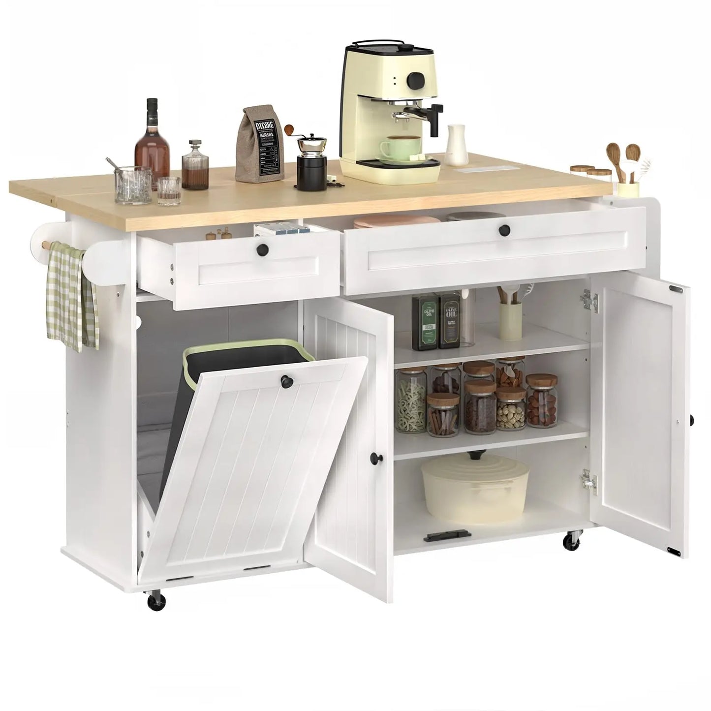 60" Rolling Kitchen Island with Drop Leaf, Power Outlet, and Trash Enclosure
