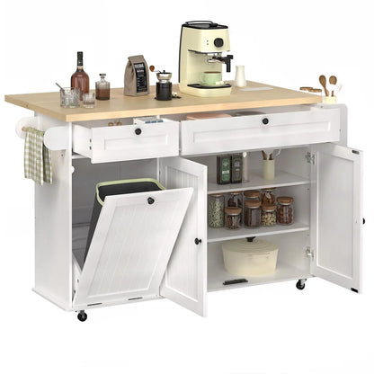 60" Rolling Kitchen Island with Drop Leaf, Power Outlet, and Trash Enclosure