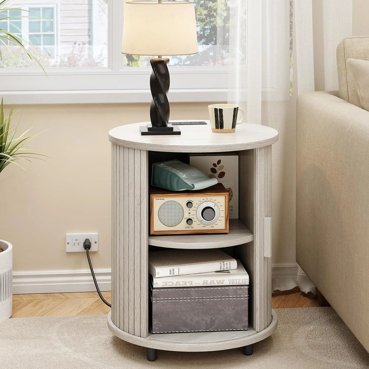 Fluted Round Nightstand with Charging Station for your Bedroom