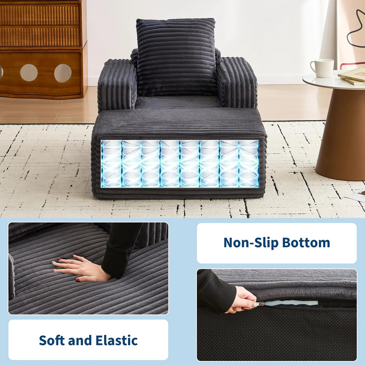 45'' Corduroy Cloud Chaise Lounge Sofa with Deep Seat and Wide Arm Rests
