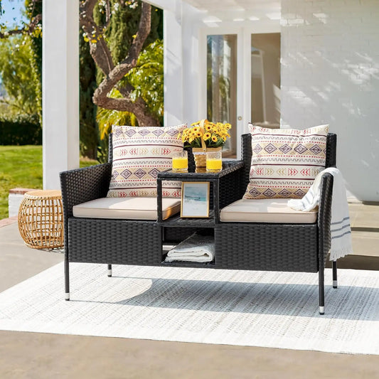 Outdoor Modern Rattan 2-Seat Set with Cushions & Built-in Coffee Table