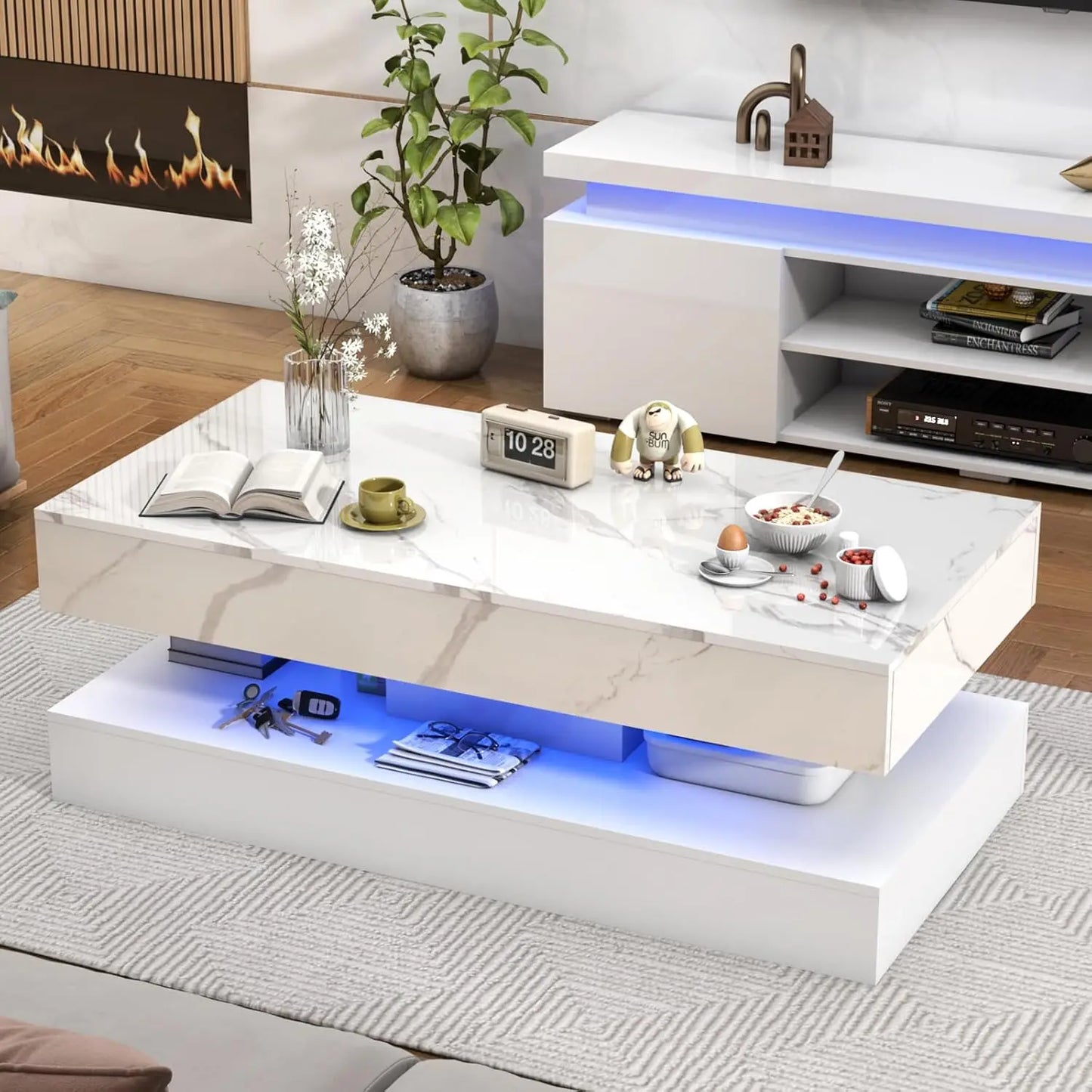 Modern Style Coffee Table with LED lights and slide out Storage Drawers for your Living Room