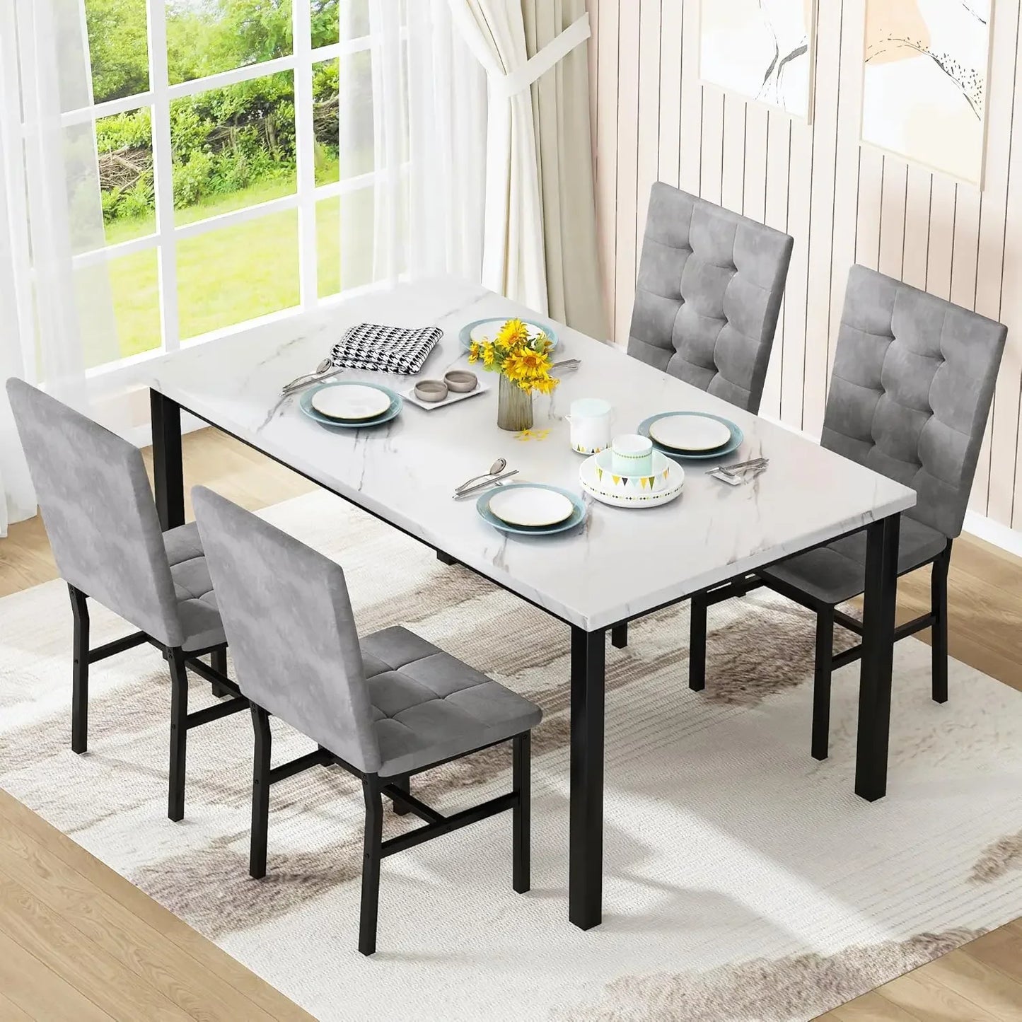 Faux Marble Dining Table Set with 4 Velvet Chairs