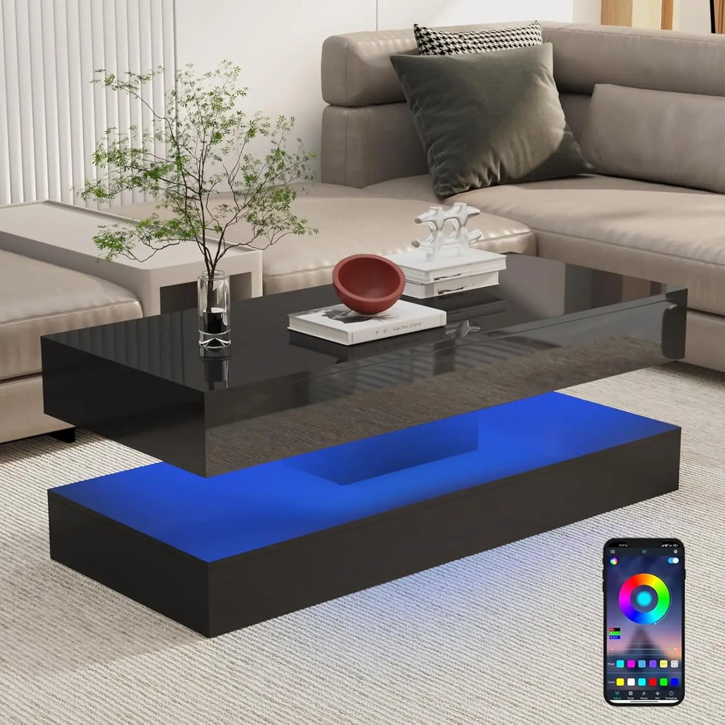 Modern Style Coffee Table with LED lights and slide out Storage Drawers for your Living Room