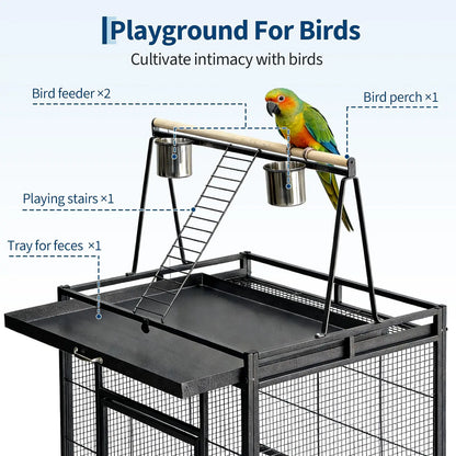 69" Extra Large, Small Spaced Bars Bird Cage with Rolling Stand and Playground on the top