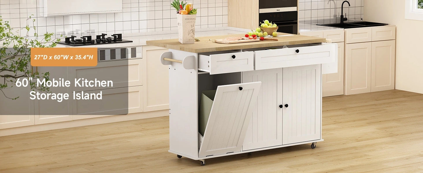60" Rolling Kitchen Island with Drop Leaf, Power Outlet, and Trash Enclosure