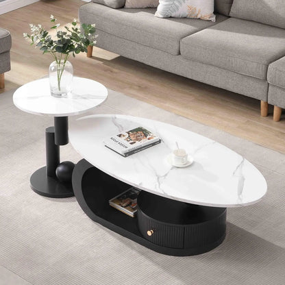 Modern Stainless Steel Pedestal Coffee Table with faux Marble Top
