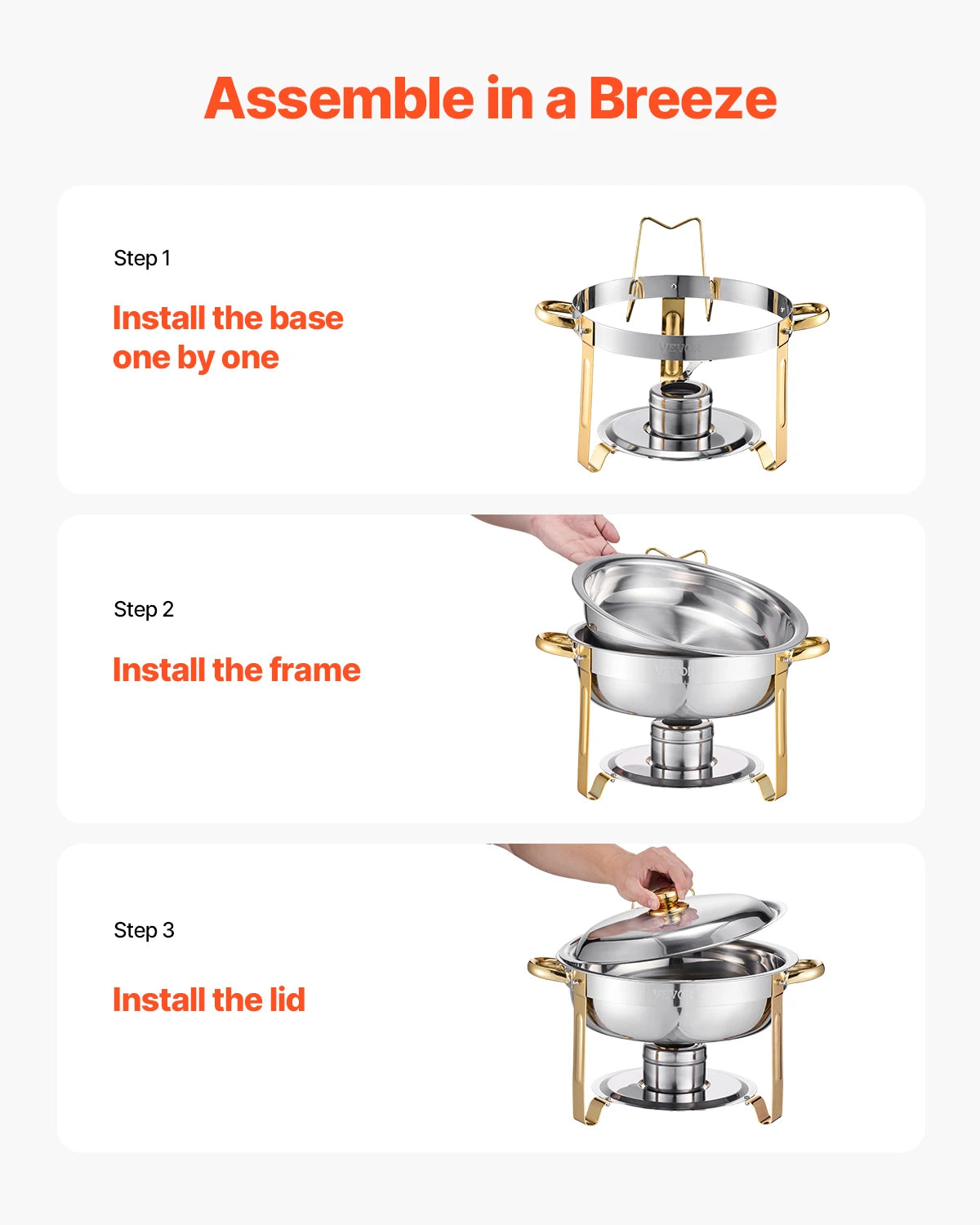 Stainless Steel Chafing Dish Set with 4 Full Size Round Pans Capacity of 5 Qt
