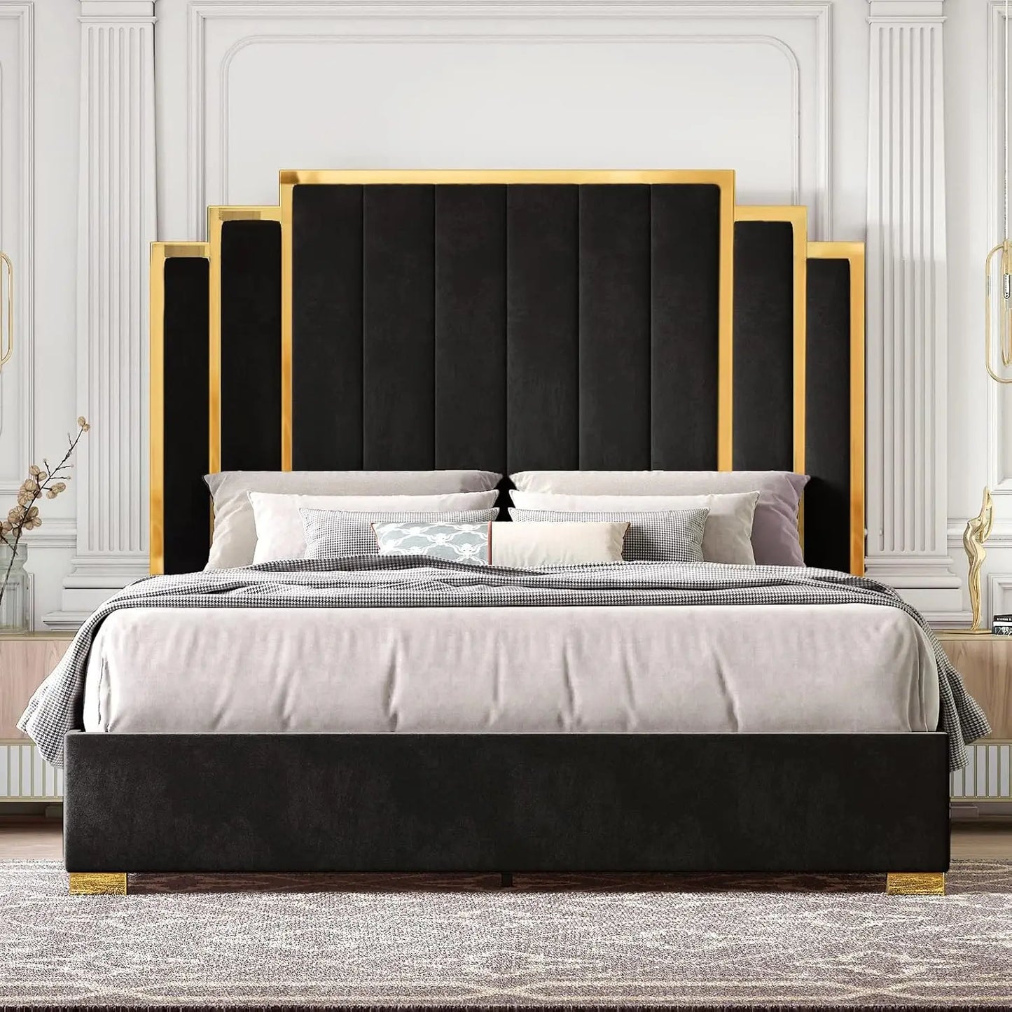 Upholstered Gold Trimmed Headboard and Platform Frame for a King size Bed