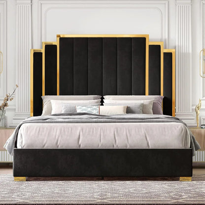 Upholstered Gold Trimmed Headboard and Platform Frame for a King size Bed