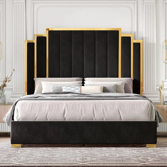 Upholstered Gold Trimmed Headboard and Platform Frame for a King size Bed