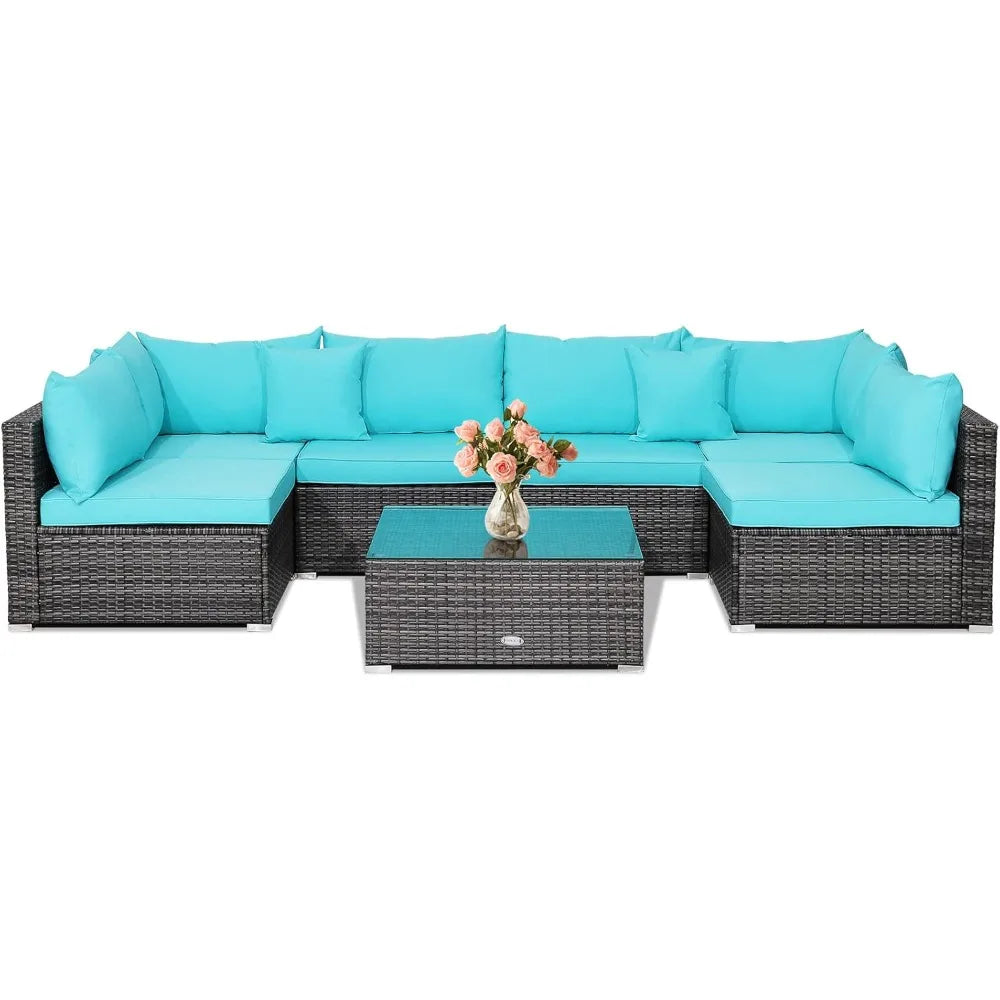 All-Weather Outdoor 7 Piece Rattan Sectional Sofa Set with Cushions and Tempered Glass Coffee Table