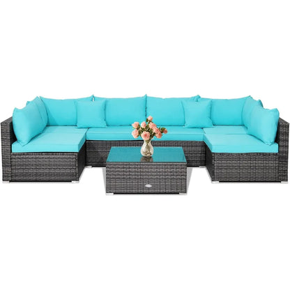 All-Weather Outdoor 7 Piece Rattan Sectional Sofa Set with Cushions and Tempered Glass Coffee Table