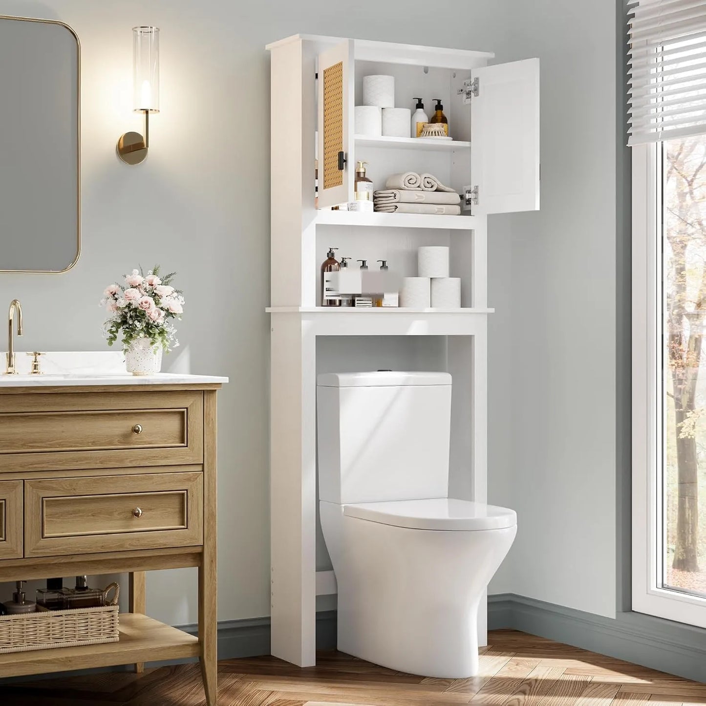 Over The Toilet Wood Storage Cabinet with Rattan Doors