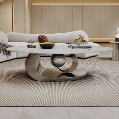 Modern Stainless Steel Pedestal Coffee Table with faux Marble Top
