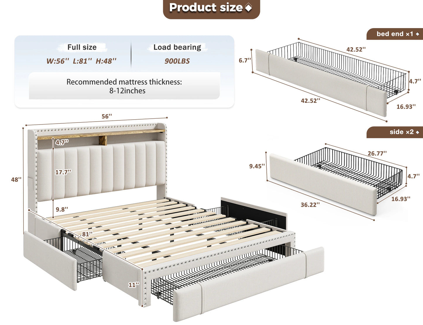 Full, Queen or King Platform Bed Frame with 3 Drawers and 2-Tier Storage
