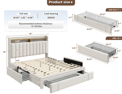 Full, Queen or King Platform Bed Frame with 3 Drawers and 2-Tier Storage