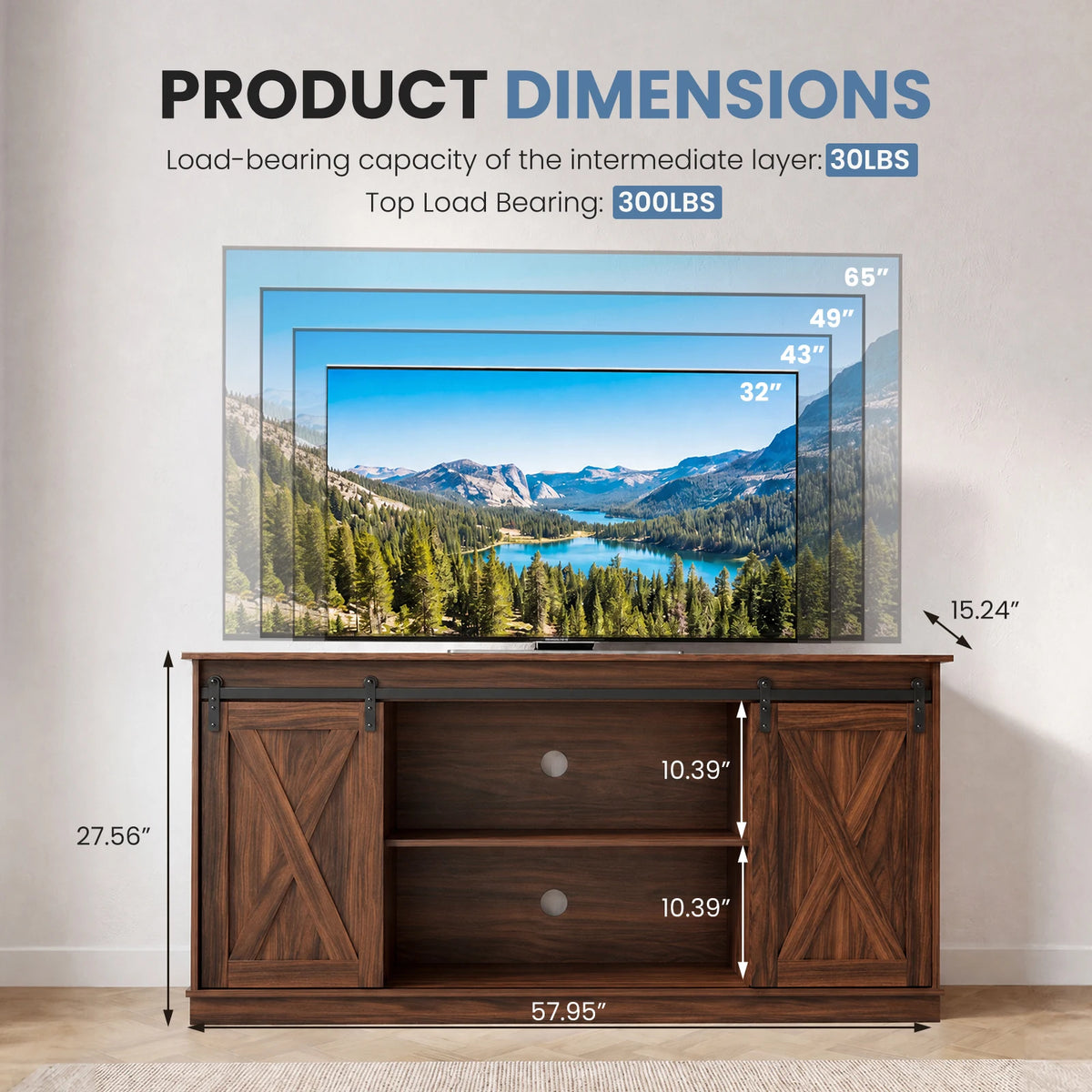 Wood TV Stand with Sliding Cabinet Doors