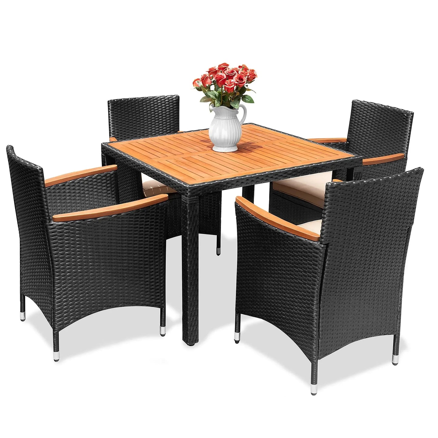 9 Piece Acacia Wood and Wicker Dining Patio Set with Chairs