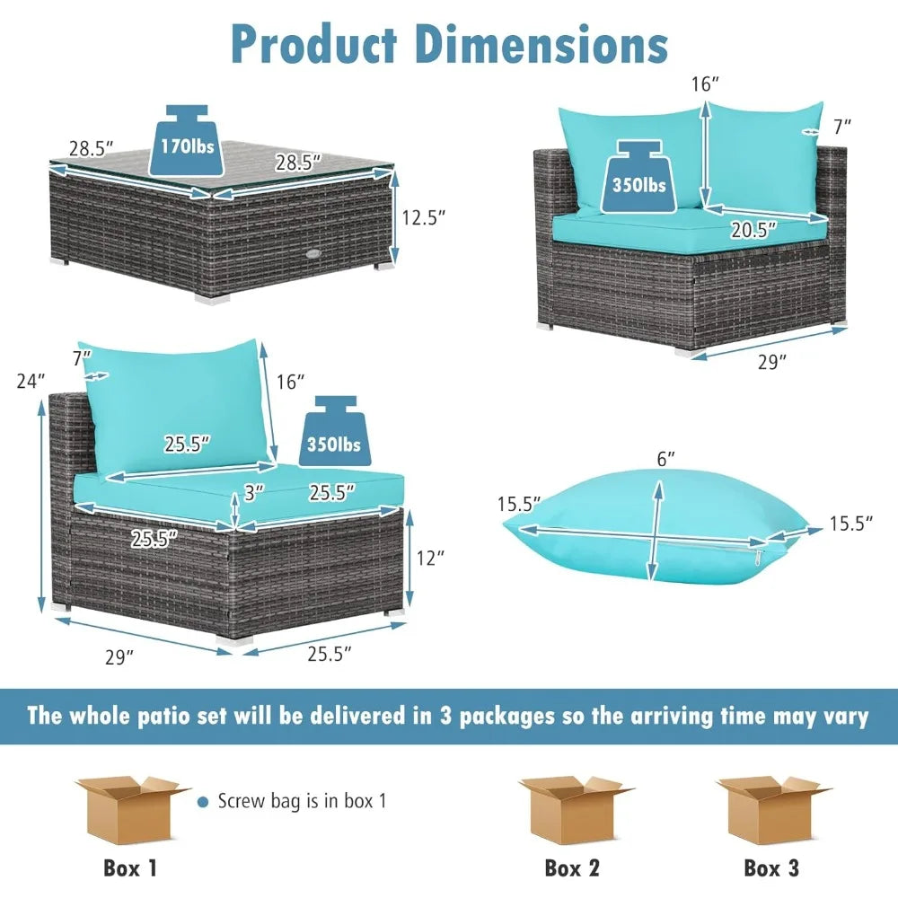 All-Weather Outdoor 7 Piece Rattan Sectional Sofa Set with Cushions and Tempered Glass Coffee Table