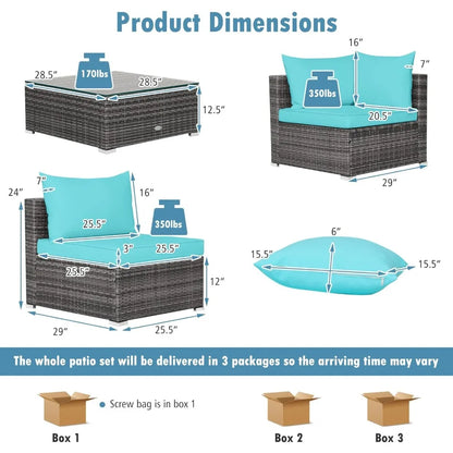 All-Weather Outdoor 7 Piece Rattan Sectional Sofa Set with Cushions and Tempered Glass Coffee Table