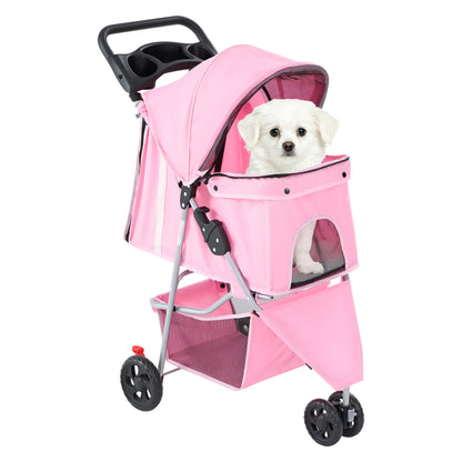 Foldable Pet Stroller for Small Dogs and Cats with Mesh Windows, Storage Basket, and Cup Holder