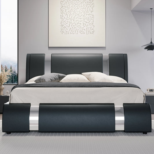 Modern Faux Leather Bed Frame with Iron Decor