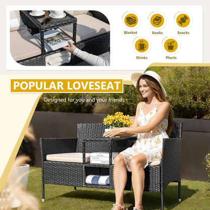 Outdoor Modern Rattan 2-Seat Set with Cushions & Built-in Coffee Table