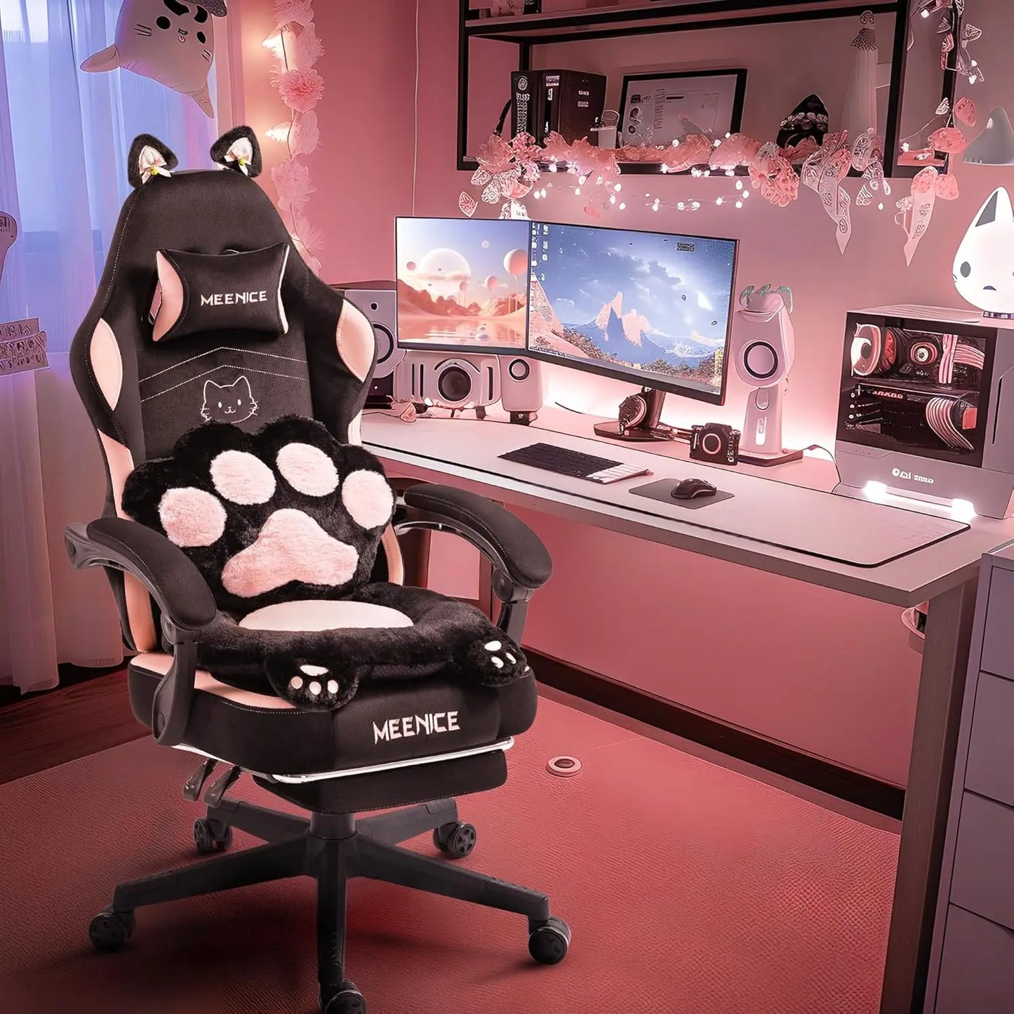 Cute Gaming Chair with Cat Ears & Paw Lumbar Cushion and Foot Rest