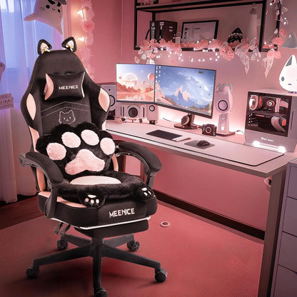 Cute Gaming Chair with Cat Ears & Paw Lumbar Cushion and Foot Rest