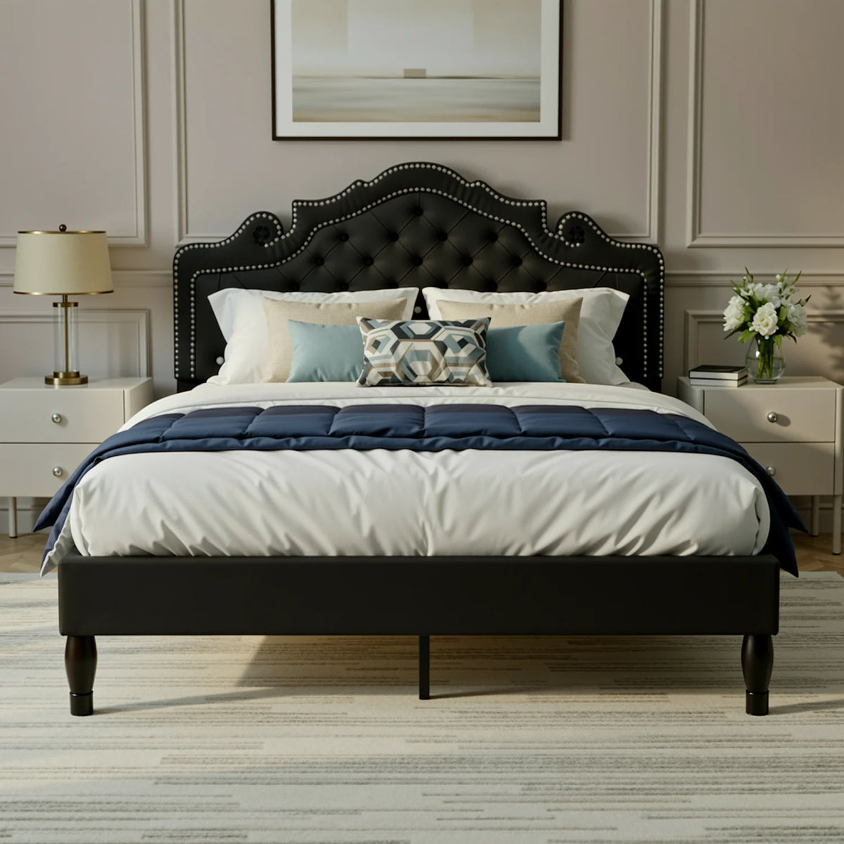 Full/Queen/King Size Velvet Bed Frame with Adjustable Upholstered Tufted Crystalline Headboard