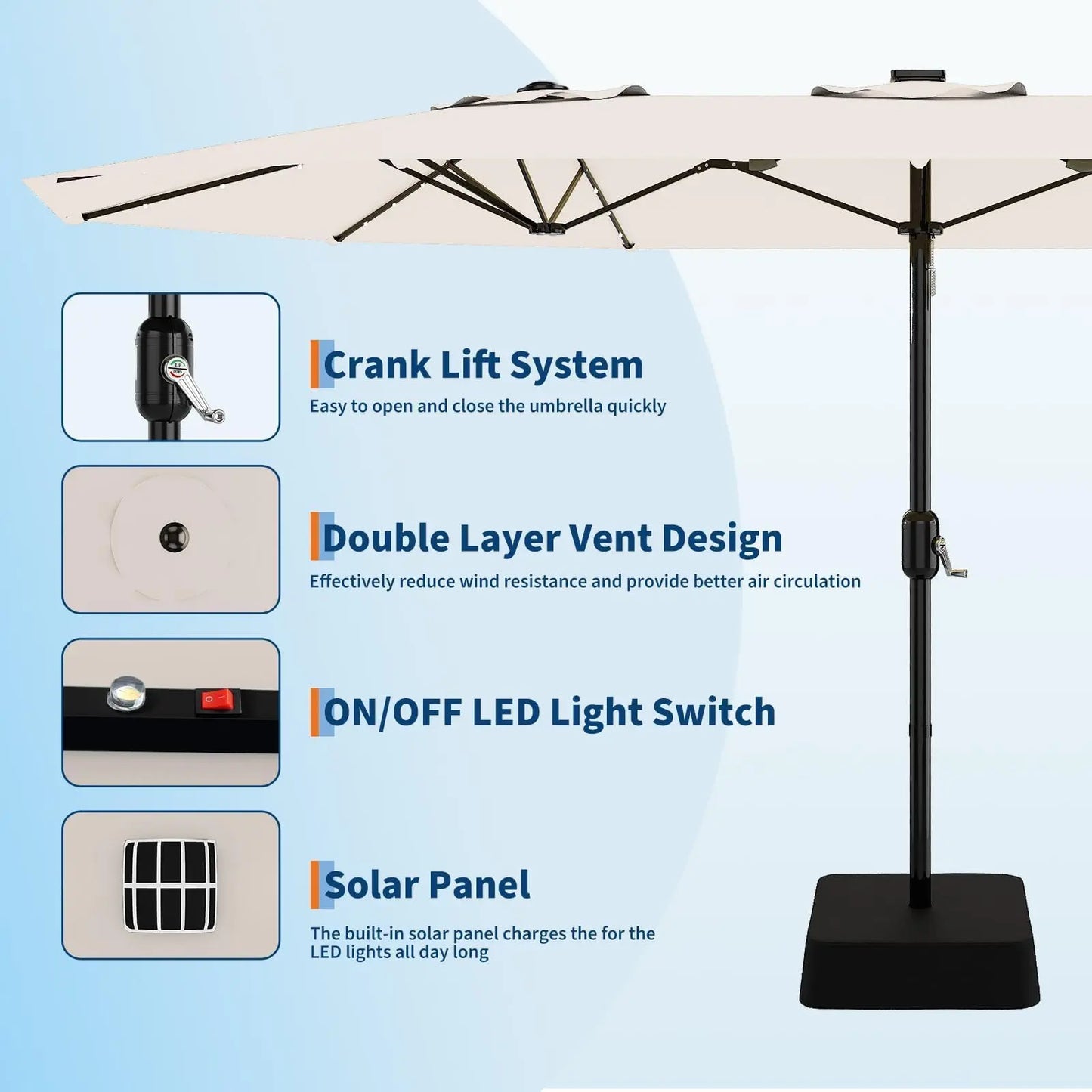 15Ft Outdoor Patio Umbrella with Solar LED Lights, Crank Handle, and Base