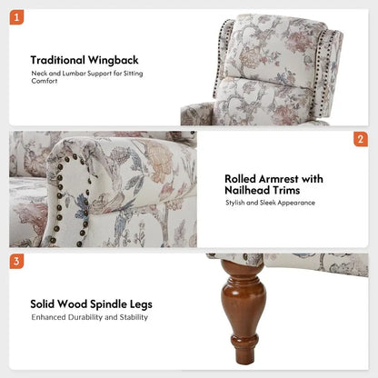 Upholstered Floral Fabric Wingback Recliner Chair