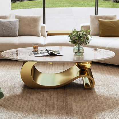 Modern Stainless Steel Pedestal Coffee Table with faux Marble Top
