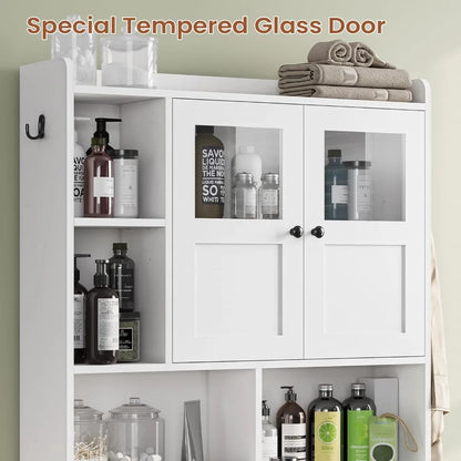 Over the Toilet Storage Cabinet with Glass Doors, Adjustable Shelves, and Toilet Paper Holder